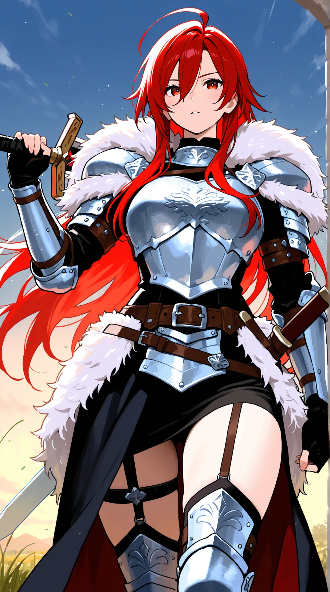 female, fur armor , Sword belt, garter armor, 