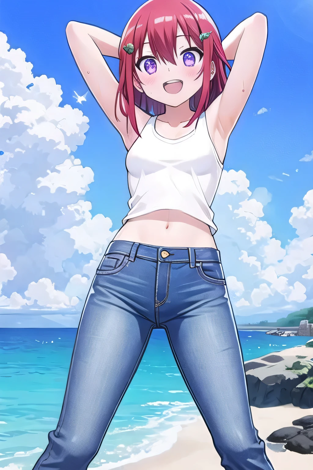 masterpiece, best quality, ultra detail, ((Perfect Face, perfect eyes, perfect hair, perfect arm)), 1girl, , petite, ((round face, ecstasy, orgasm face, drooping eyes, shame smiling, blush)), dropping eyes, sleepy, Open mouth, ((White teeth)), background((under the beach, (day:1.2), ocean, bright sky)), kanzaki tomoyo, (purple eyes:1.2), (red hair:1.2), crossed bangs, hair between eyes, hair ornament, (medium hair:1.9), (straight hair:1.7), ((arms behind head:1.4)), ((contrapposto)), spread armpits, looking at viewer, (white tank top:1.2), (white crop top:1.2), (jeans pants:1.2, flares jeans:1.2, skinny jeans:1.2, blue jeans:1.2), standing, (legs spread:1.4), sexy pose, Sweaty crotch, Steam from the crotch, from below, whole body