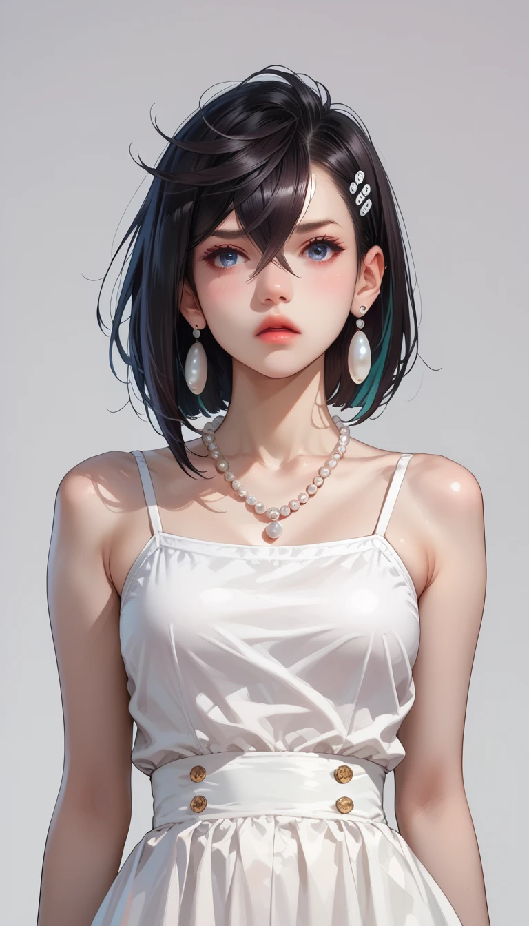 ((woman with tattoo on chest)), girl, Short white hair with bangs, Black strands of hair, Purple eyes, White T-shirt and panties, Pendant around the neck. Natural and beautiful standing posture, Crisp and realistic body detail. 超High resolution.Photorealistic:1.4,超High resolution. Realistic,High resolutionで, masterpiece, Highest quality, Very detailed, Better Shadows, Volumetric lighting), super high quality, High resolution, 8k, Ultra-Realistic Portraits , Photorealistic, Dynamic Lighting, Volumetric lighting, Very detailed顔,(NSFW:0.9),Large Breasts,
