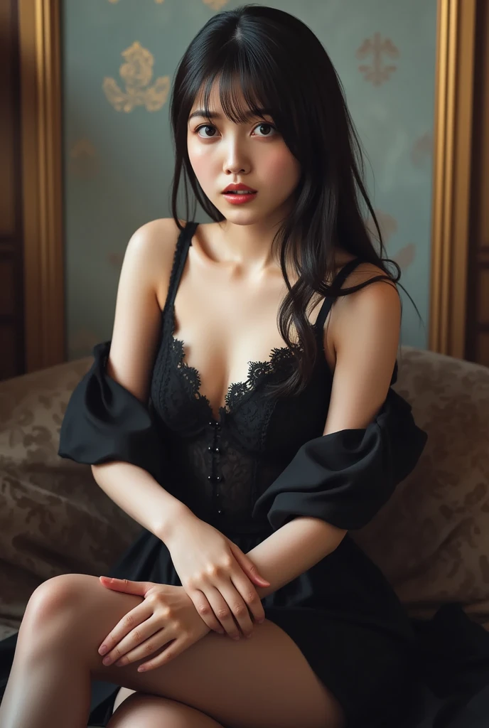 1 girl,alone,chest,Knee socks,chestの谷間,liar,~ ~ side,Looking at the audience,Long Hair,large chest,With my hands on my head,bed,Strap slip,indoor,lips,on bed,Black Hair,dress,Realistic,black dress,black eye,Dutch Angle,Brown Hair,curtain,Window -- Automatic