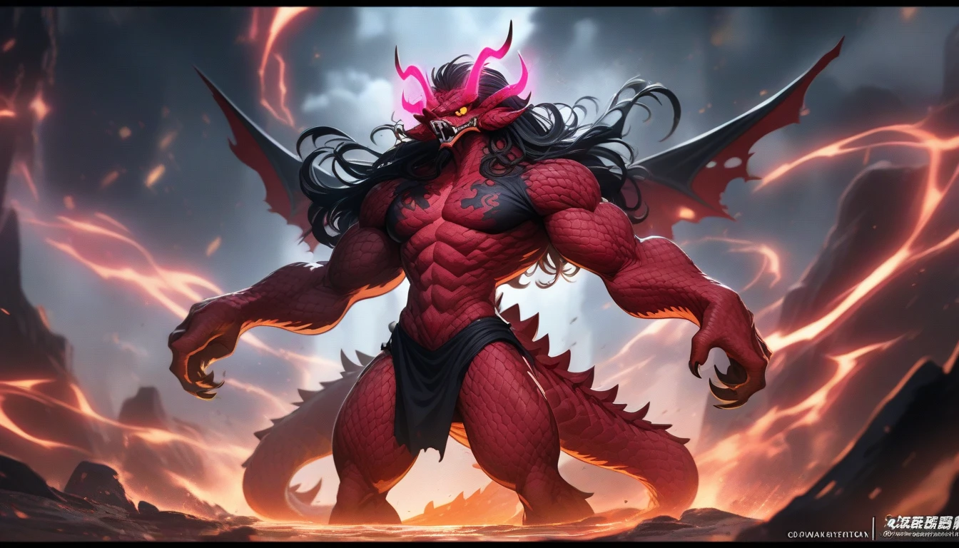Monster, huge build, without eyes, red skin, straight horns, wide smile, prominent and sharp teeth, tight muscles, huge, has a leathery tail.