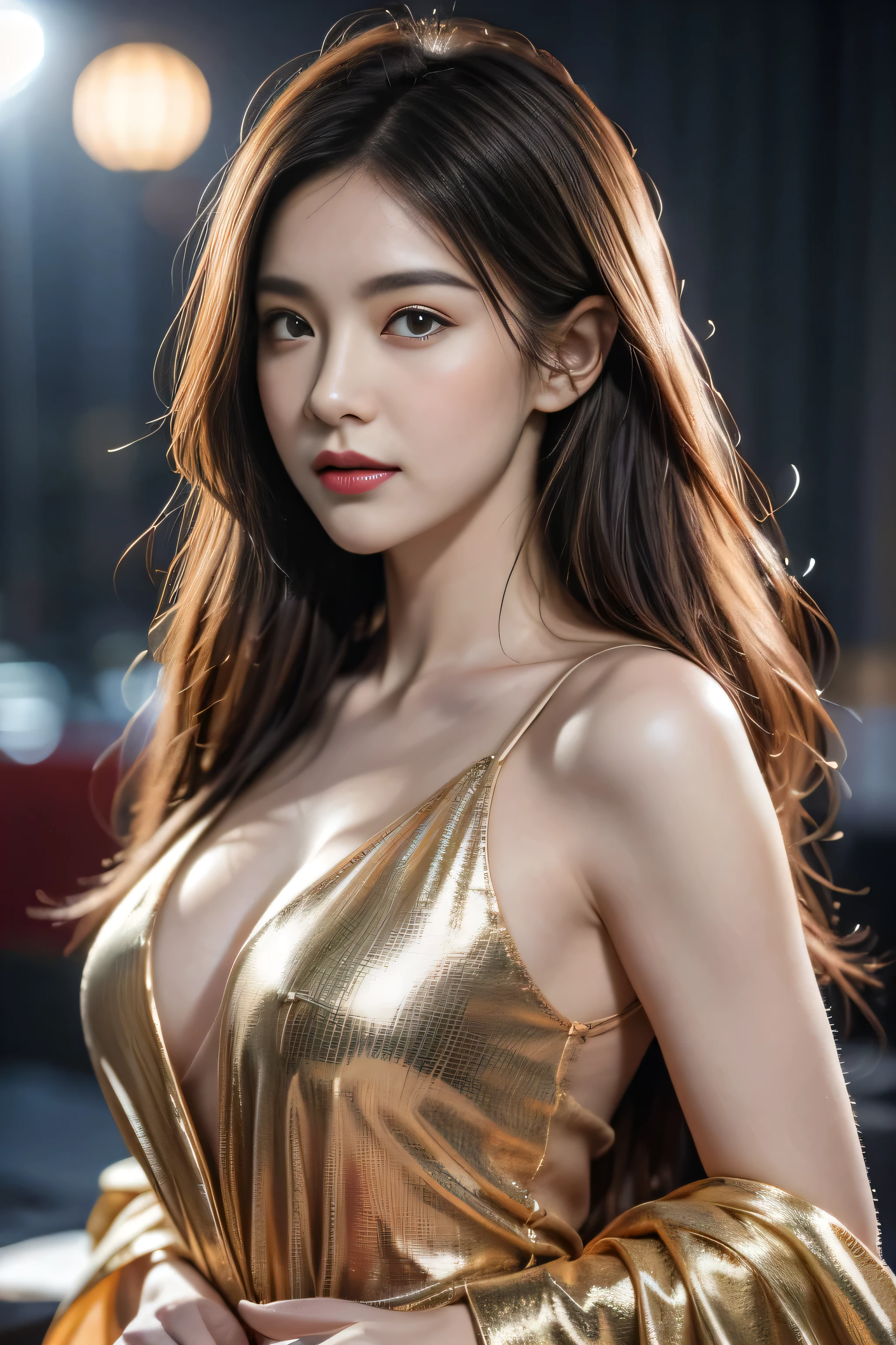 (masterpiece:1.4), (best quality:1.4), ultra high res, ultra high resolution, ((detailed facial features)), HDR, (realistic, photorealistic, photo-realistic:1.37), closeup, sexy seductive Thai woman, (seductive smile), long lashes, beautiful makeup, platinum blonde hair, fair skin, slender figure, elegant posture, wearing large sparkling colorful jewelry, wearing a business style leather dress, standing in a large shopping mall, gentle sunlight shining through the shopping mall windows, casting a soft glow on her face, adding warmth to the scene, vibrant colors, capturing the essence of vibrant city life, portrait style, showcasing her natural beauty and grace in a feminine way