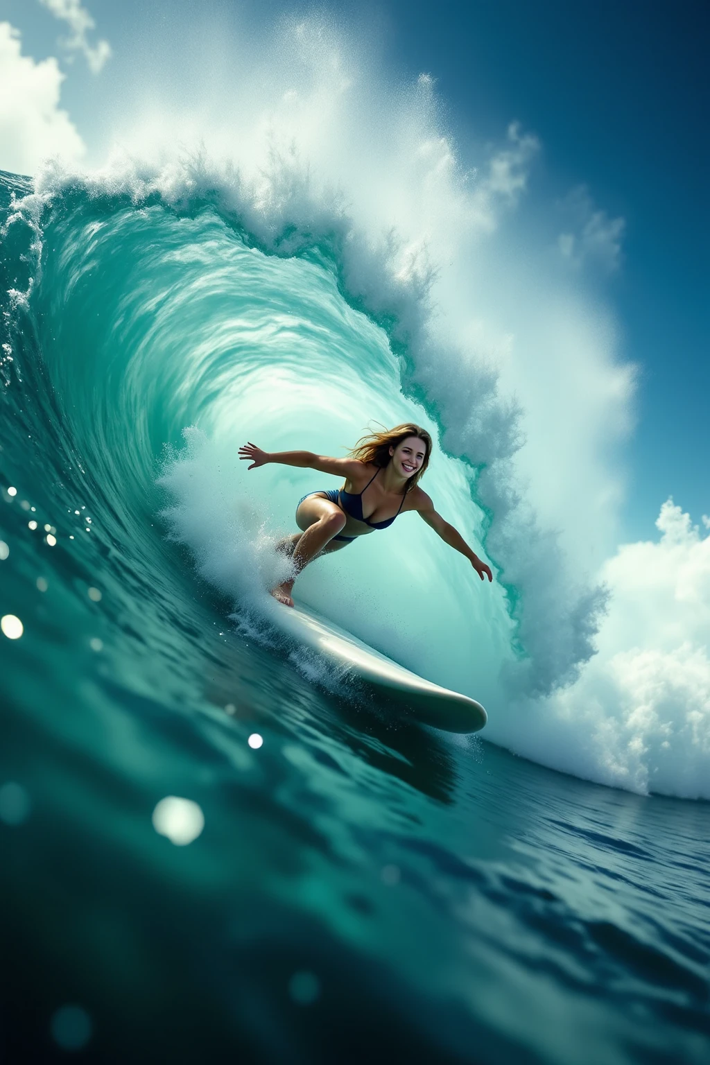 (Luminism:1.28), Side view, TopQuality 8K Masterpiece (ProfessionalPHOTO:1.37) (Extremely Detailed (Girl Crouching on a Life Size surfboard)), Colorful morning Glory Rays, (There is Only one surfboard under her foot:1.32) Sparkling Water Splashing Water Particles, Glowing Wet Ponytail, Hourglass body type, Dynamic motion blur, {Perfect Hand|Perfect Limbs}, (Surfing Photos:1.4), (((nothing holding)empty handed fist))