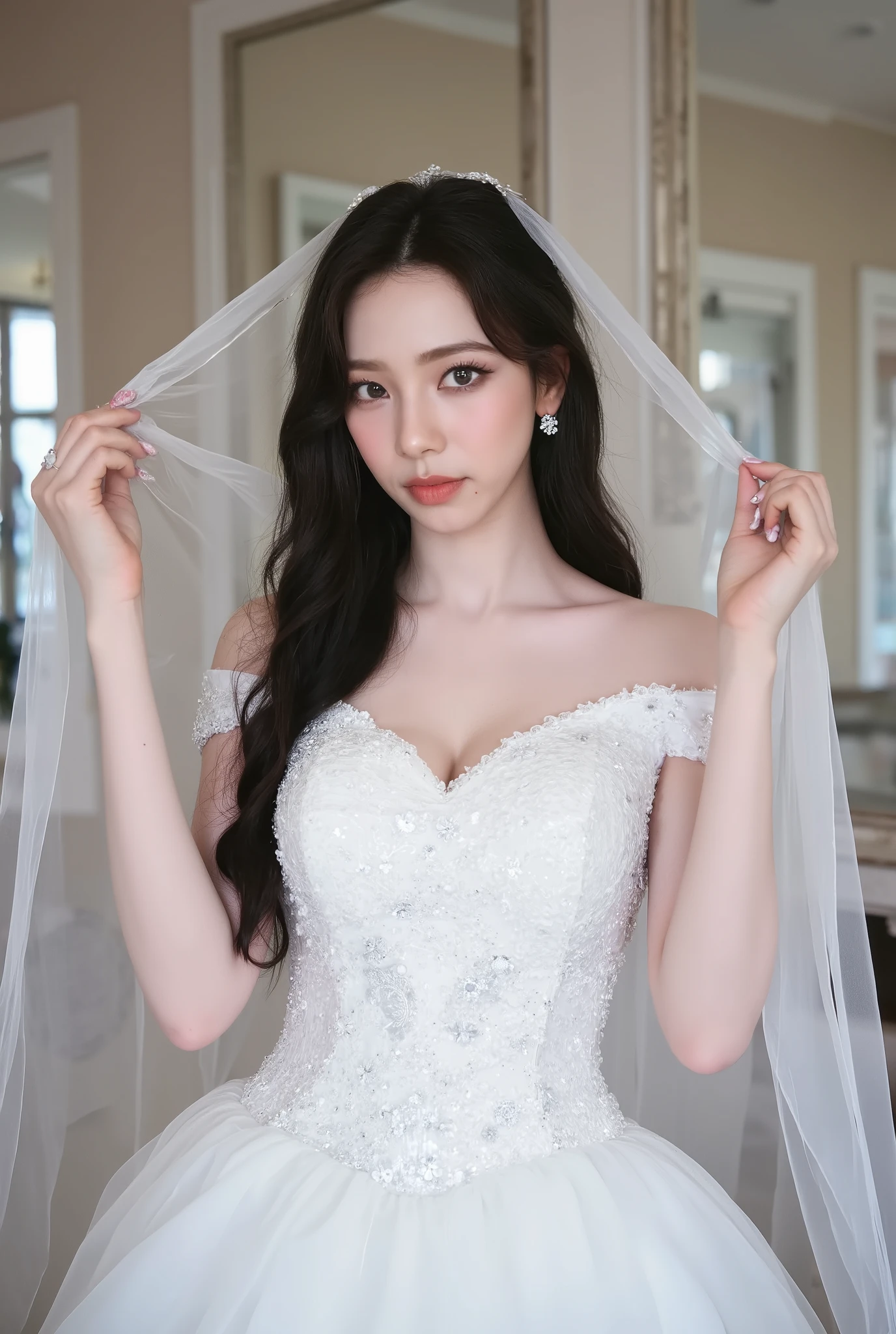 The image showcases a beautiful young woman dressed as a bride. She wears an elegant white wedding gown adorned with intricate floral embellishments and shimmering sequins. The dress features an off-the-shoulder design, accentuating her delicate shoulders and décolletage. Her long, dark hair cascades gracefully, partially covered by a sheer, flowing veil. She holds the edges of the veil with both hands, lifting it slightly as she gazes softly into the camera with a serene and enchanting expression. The background includes mirrors and soft, neutral tones, adding depth and elegance to the scene. The lighting is gentle and diffused, enhancing the dreamy, romantic atmosphere of the photograph.