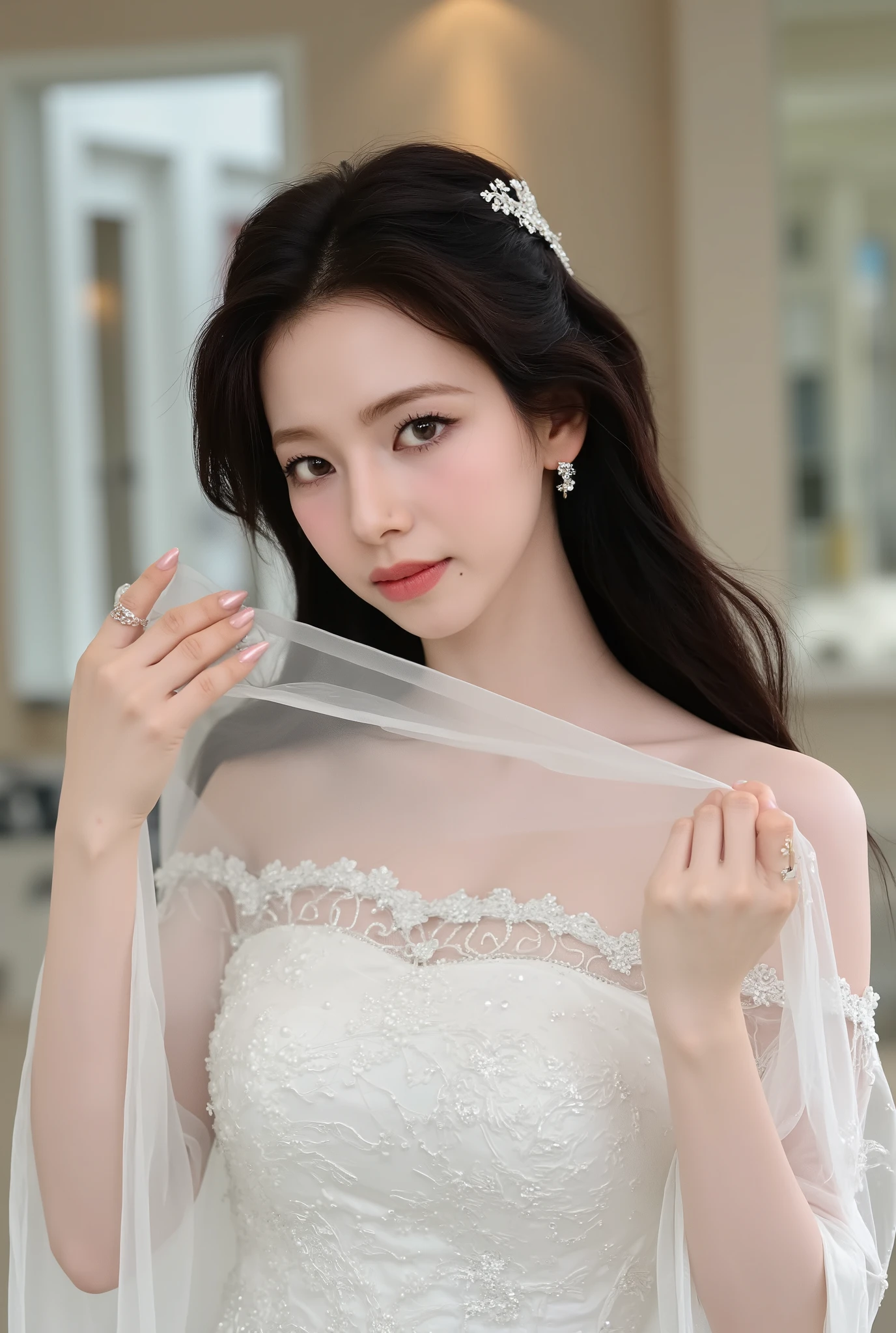 The image showcases a beautiful young woman dressed as a bride. She wears an elegant white wedding gown adorned with intricate floral embellishments and shimmering sequins. The dress features an off-the-shoulder design, accentuating her delicate shoulders and décolletage. Her long, dark hair cascades gracefully, partially covered by a sheer, flowing veil. She holds the edges of the veil with both hands, lifting it slightly as she gazes softly into the camera with a serene and enchanting expression. The background includes mirrors and soft, neutral tones, adding depth and elegance to the scene. The lighting is gentle and diffused, enhancing the dreamy, romantic atmosphere of the photograph.