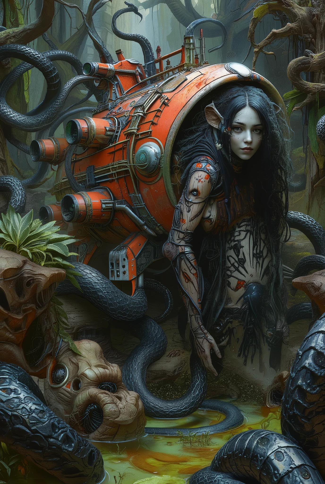 A high-quality professional illustration of a mesmerizing work of art, a mesmerizing poster combining the styles of Hieronymus Bosch and Hans Rudolf "Rudy" Giger, depicting a space shuttle decorated with numerous otherworldly, metallic, aged elements. The tower has worn red paint, complex hydraulics, textured corrugations and small perforations. The incredibly detailed CG Unity 8k wallpaper clearly depicts a sinister swamp spirit girl against a backdrop of a complex forest of black snakes. The work resembles over-detailed paintings with the aesthetics of a fantasy art book cover. The scene unfolds in a swamp, showing a girl's smile, dynamic pose and skin covered with swamp mud against a background of bright green algae. The image conveys complex details thanks to its clear focus and spectacular lighting. Thanks to the 8K HDR resolution, the image is mesmerizing. This complex and vibrant composition reflects the complexity of the poster, created with extraordinary detail and brightness. The image is displayed in 4K MP high resolution, optimized for stunning 8K display quality. Enhanced color depth and stunning contrast are achieved thanks to advanced High Dynamic Range (HDR) technology, which enhances the visual impact of the illustration.