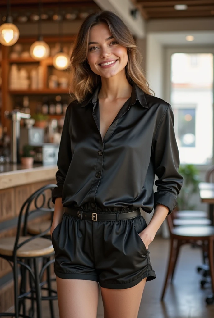 22-year-old woman, ein elegantes Erscheinungsbild. sie trinkt einen Kaffee in einem modernen Cafe. My brown hair falls in long waves over my shoulders and frames my face and emphasizes my green eyes. Meine vollen, red lips are shaped into a smile. My snub nose is covered with freckles, which contrast with my tanned skin. Meine Augenbrauen sind dick und dunkel, gives me a seductive look. Meine Wangenknochen sind hoch und definiert, und meine Wimpern sind lang und geschwungen. , , , dunkles Foto, Haare sind offen. short cotton dress with long sleeves