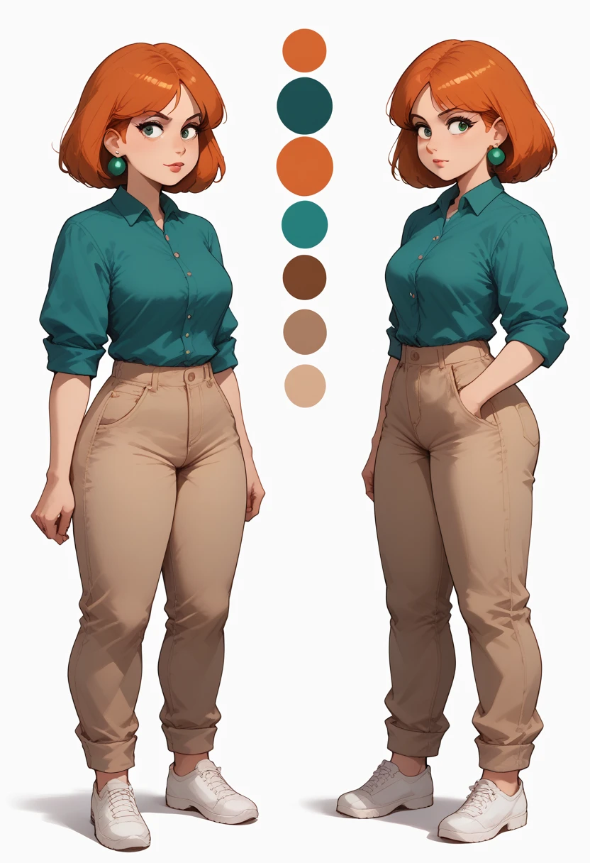 solo, Lois, earrings, cowboy shot, khaki pants, green button-up blouse, rolled up sleeves, green eyes, thigh gap, reference sheet, (full body, from side, front:1.1), upper body, simple white background, charturnerv2, She Hulk