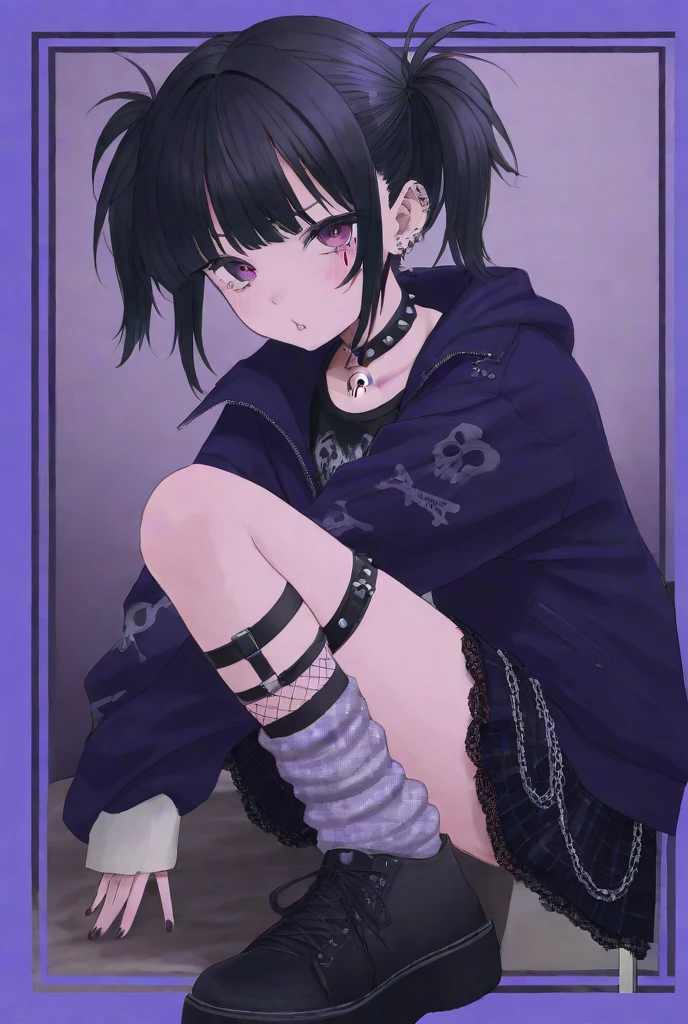 knees to chest、adult、shirt、Pleated skirt、blunt bangs、Gothic、Step Piece, Best Quality, Best Illustration, Ultra-detailed,girl, crazy baddie girl, Cool Black Open Short Jacket, neck tattoo, Messy Fade Cut Hair, Side braided hair,Crazy, standing with an eerie feeling, abandond street graffiti wall background,knee high socks, quirky sneakers, Eyeshadow on the eyes,unusual colored eyes, Eyes of fear, vivid eyes, cool shot
