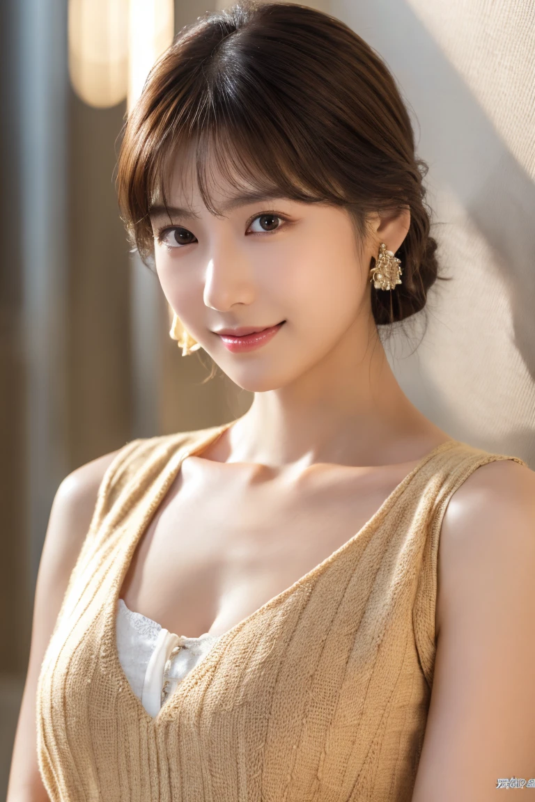 20 year old surreal idol, sleeveless maxi dress, smiling smile, short layer hair, RAW,(8k, best quality, masterpiece:1.2),(intricate detail:1.4),(photorealistic:1.4),octane rendering, complex 3d rendering ultra detail, studio soft light, rim light, vivid detail, ultra detail, realistic skin texture, detail face, beautiful detail eyes, very detailed cg unity 8k wallpaper, makeup, (detailed background:1.2),