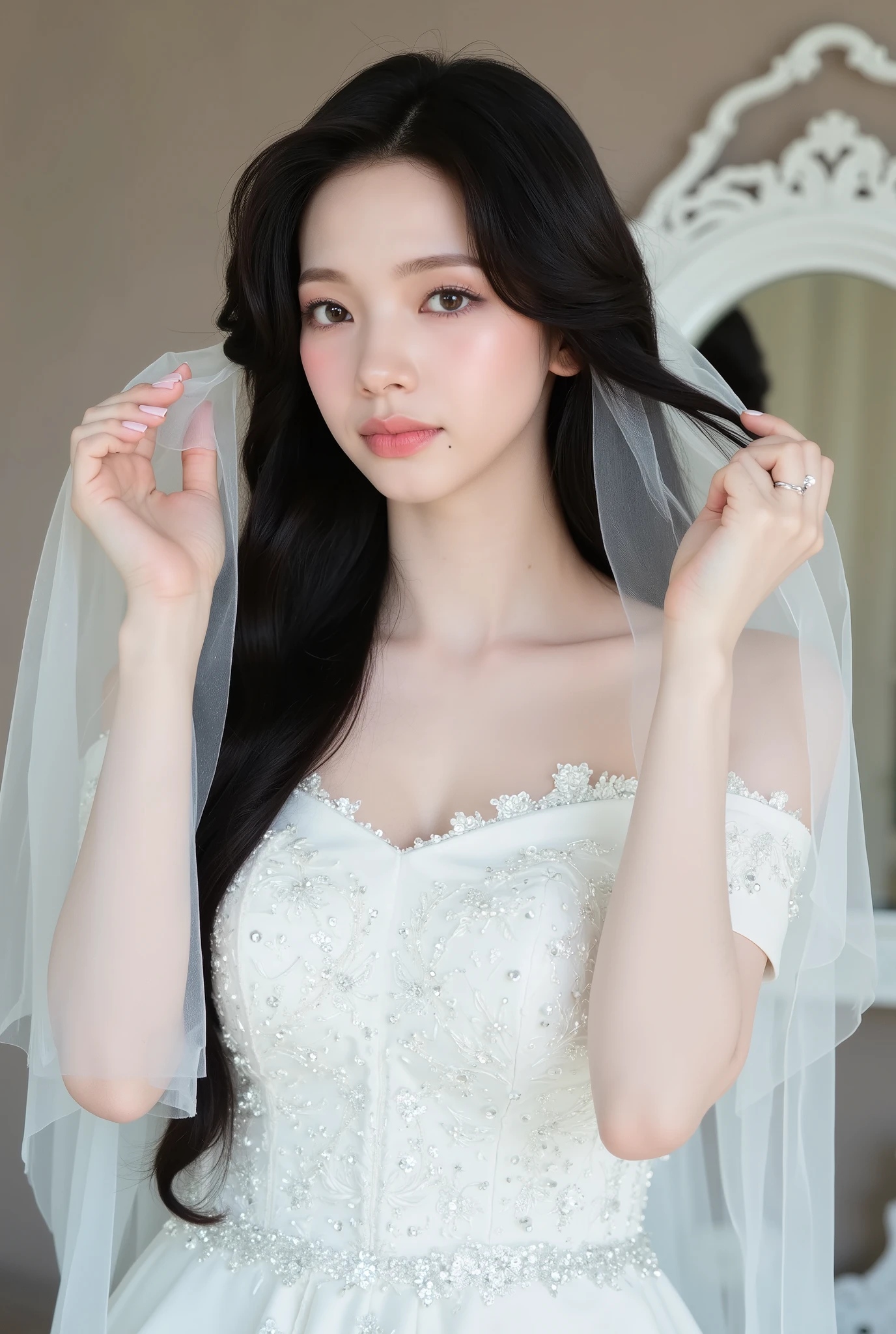 The image showcases a beautiful young woman dressed as a bride. She wears an elegant white wedding gown adorned with intricate floral embellishments and shimmering sequins. The dress features an off-the-shoulder design, accentuating her delicate shoulders and décolletage. Her long, dark hair cascades gracefully, partially covered by a sheer, flowing veil. She holds the edges of the veil with both hands, lifting it slightly as she gazes softly into the camera with a serene and enchanting expression. The background includes mirrors and soft, neutral tones, adding depth and elegance to the scene. The lighting is gentle and diffused, enhancing the dreamy, romantic atmosphere of the photograph.