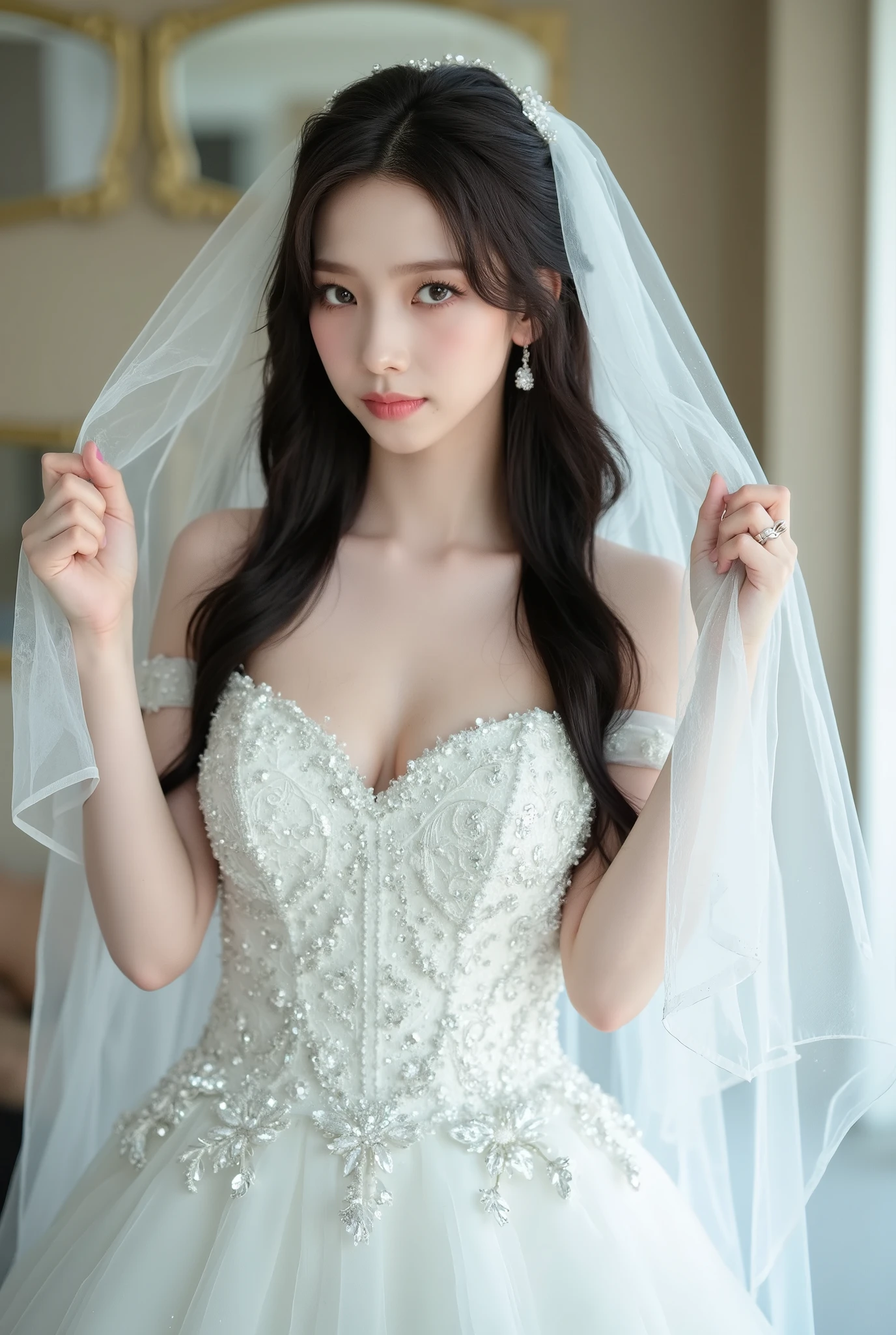The image showcases a beautiful young woman dressed as a bride. She wears an elegant white wedding gown adorned with intricate floral embellishments and shimmering sequins. The dress features an off-the-shoulder design, accentuating her delicate shoulders and décolletage. Her long, dark hair cascades gracefully, partially covered by a sheer, flowing veil. She holds the edges of the veil with both hands, lifting it slightly as she gazes softly into the camera with a serene and enchanting expression. The background includes mirrors and soft, neutral tones, adding depth and elegance to the scene. The lighting is gentle and diffused, enhancing the dreamy, romantic atmosphere of the photograph.