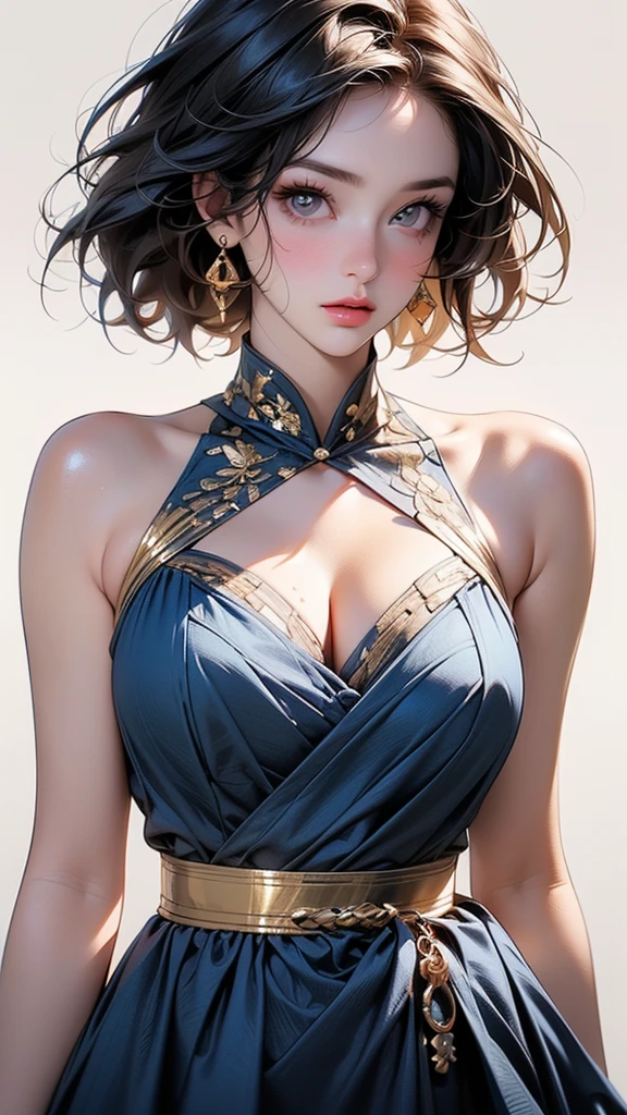 a beautiful woman, detailed face, jhumki earrings, long earrings, sharp jawline, red lipstick, cleavage, thin body, tall, aesthetic glasses, bob haircut, smiling, pale skin, bangs,thong skirt,crop top, blue eyes, cinematic lighting, photorealistic, 8k, highly detailed, masterpiece, cleavage
,bare legs,