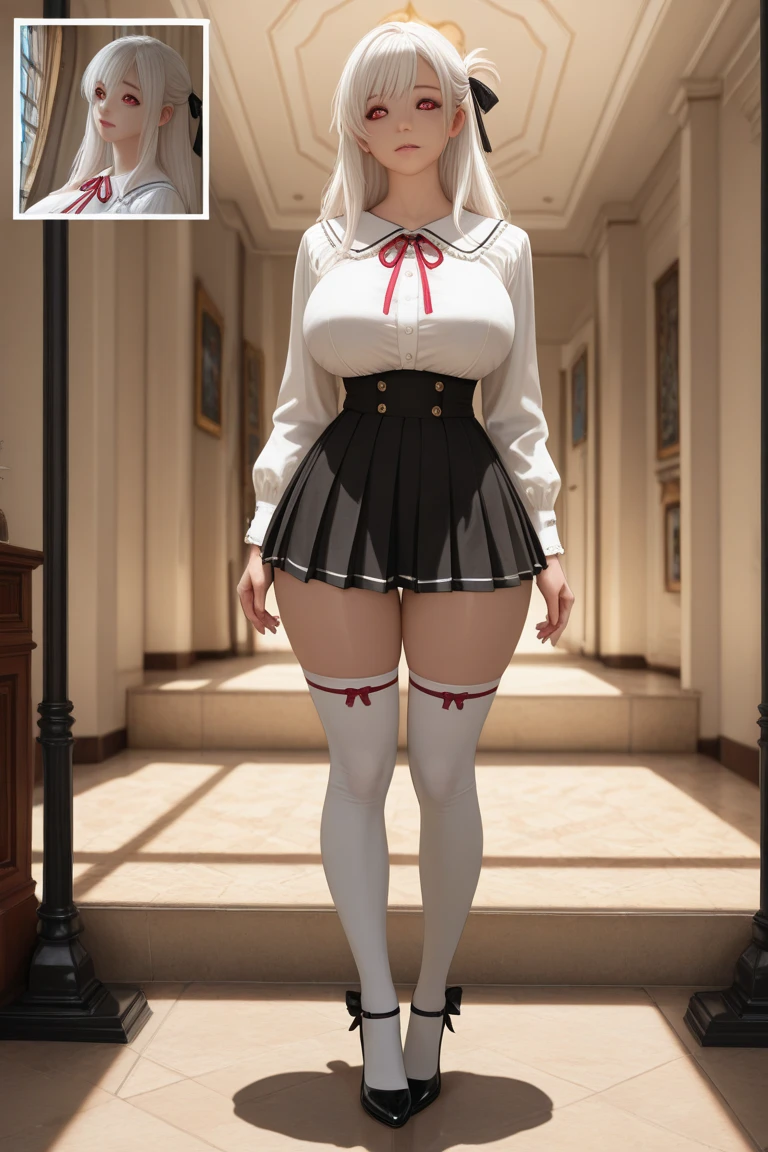 ( Beatiful sexy white socks ) , black skirt , white panties , bra , big breasts , NSFW , tall legs , smile , ( milf ) , HD , detailed eyes , white hair , standing , extra horny, horny smile , perfrct body , camera angle from down , upskirt , extra close to viewer