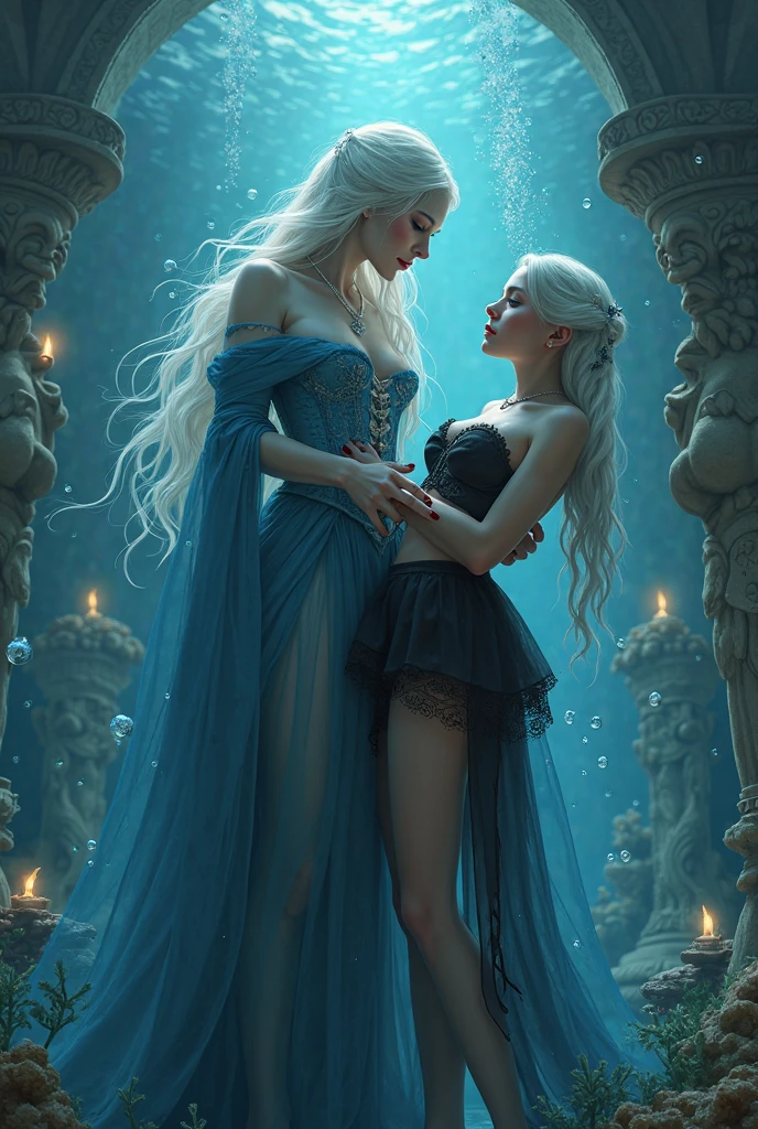young elf, feminine appearance, royaltly, elf princess, elf sitting on bench in the garden, bad appearance, long black hair and red eyes, youthful face, voluminous breasts, breasts showing, shoulders exposed, black gown, long, thin fabric dress, fleshy thighs, details in gold, ultra realisitic, 4K, realistic scenario, flower garden, body skinny.