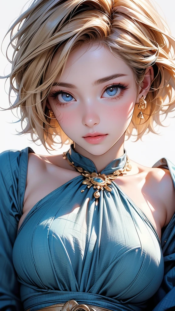 (Instantphoto:1.3), Soft focus, neonlight, 1girll, Solo, fake smile, Portrait, From the side Side, Blue hair, Blonde hair, multicolored hair, Short hair, (Acclaimed, Alluring, attractive cleavage, Exciting, Gorgeous, astounding:1.3), (Ultra-high RES, High details, absurderes:1.3)