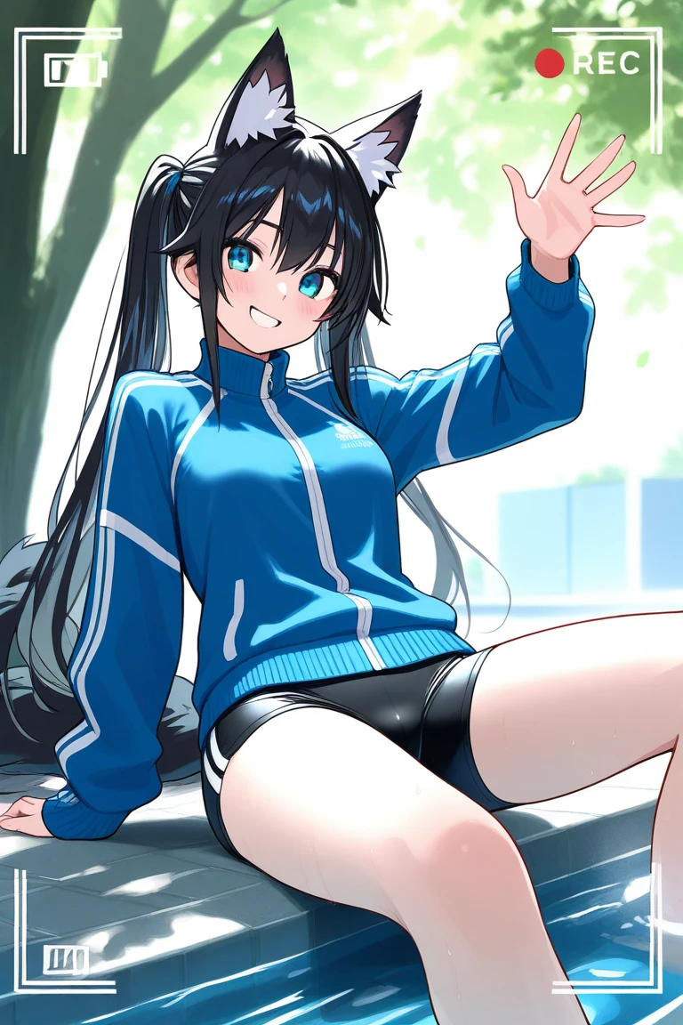 absurd, High resolution, (anime style:1.1), ((table top)), ((highest quality)),Wet,Long black hair, twintails, small breasts, gym clothes, dark blue bloomers, spread legs