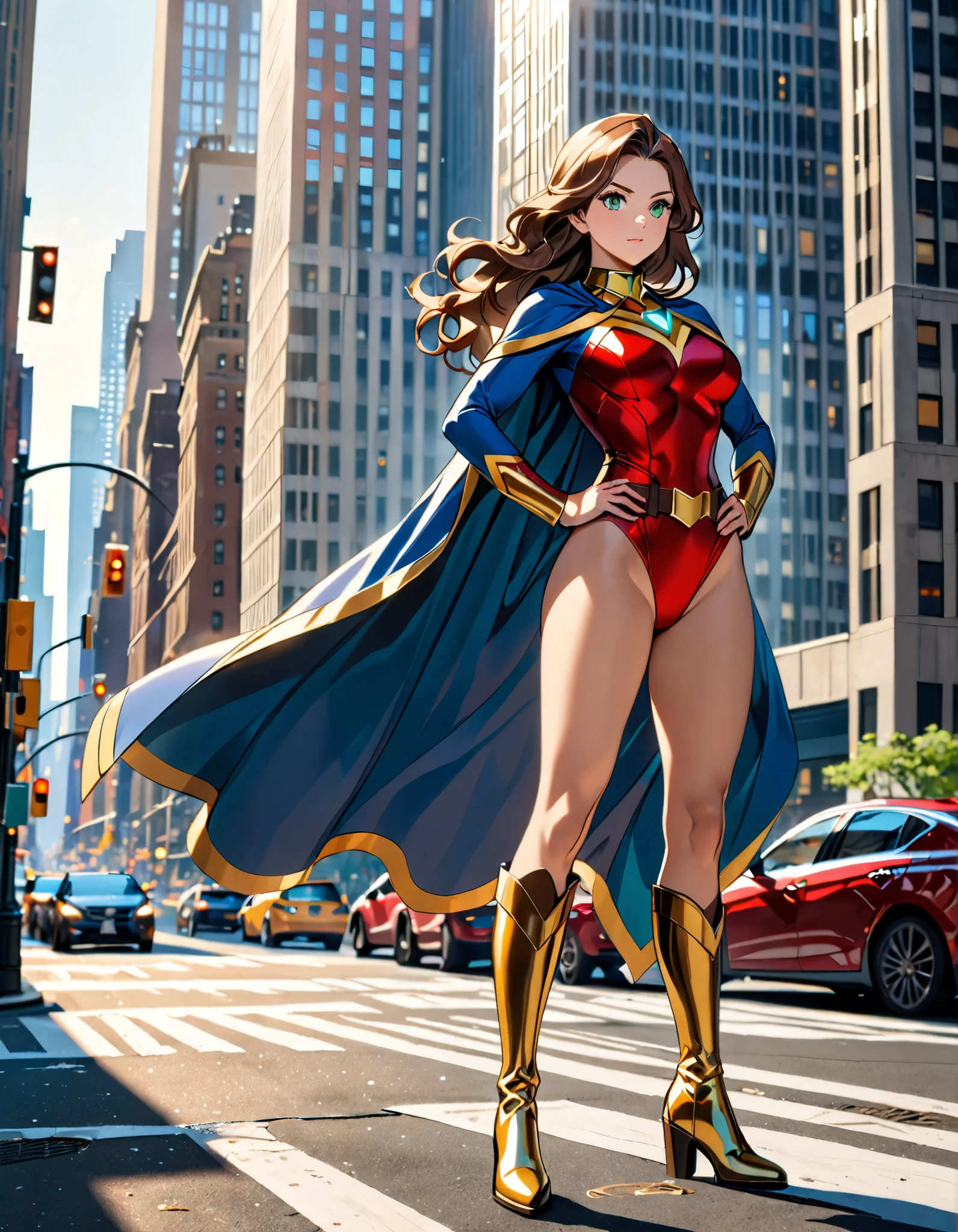 (masterpiece), (best quality), (high res), 1lady, tall body, highly detailed, professional, beautiful detailed eyes, beautiful detailed face, perfect hands, complete fingers, perfect anatomy, perfect proportions, ((brown hair, medium hair, hair down)), ((green eyes)), ((leotard, red leotard, matching leotard, bare legs)), ((boots, matching boots, knee-high boots, yellow boots)), breasts, medium breasts, (full body portrait), looking at viewer, solo, solo focus, standing, one hand on hip, cowboy shot, new york backdrop, ((belt, tight belt)), (blue sleeves, yellow cuffs), (yellow hawk (symbol) on chest), (medium cape, light blue cape), full body costume design.