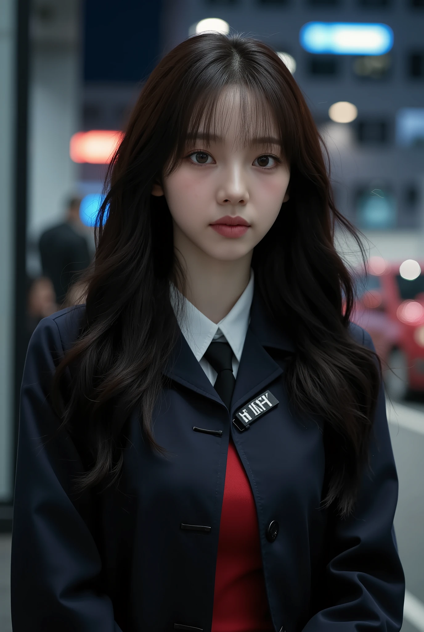((realistic lighting, better quality, 8 k, masterpiece: 1.3)), Sharp focus: 1.2, 1girl, perfect body, Beauty: 1.4, Thin press: 1.1, ((dark brown hair)), (is dressed as a schoolteacher: 1.4), (in school class 1.1), Night view of the city, Very thin face, Slender eyes , double eyelids,