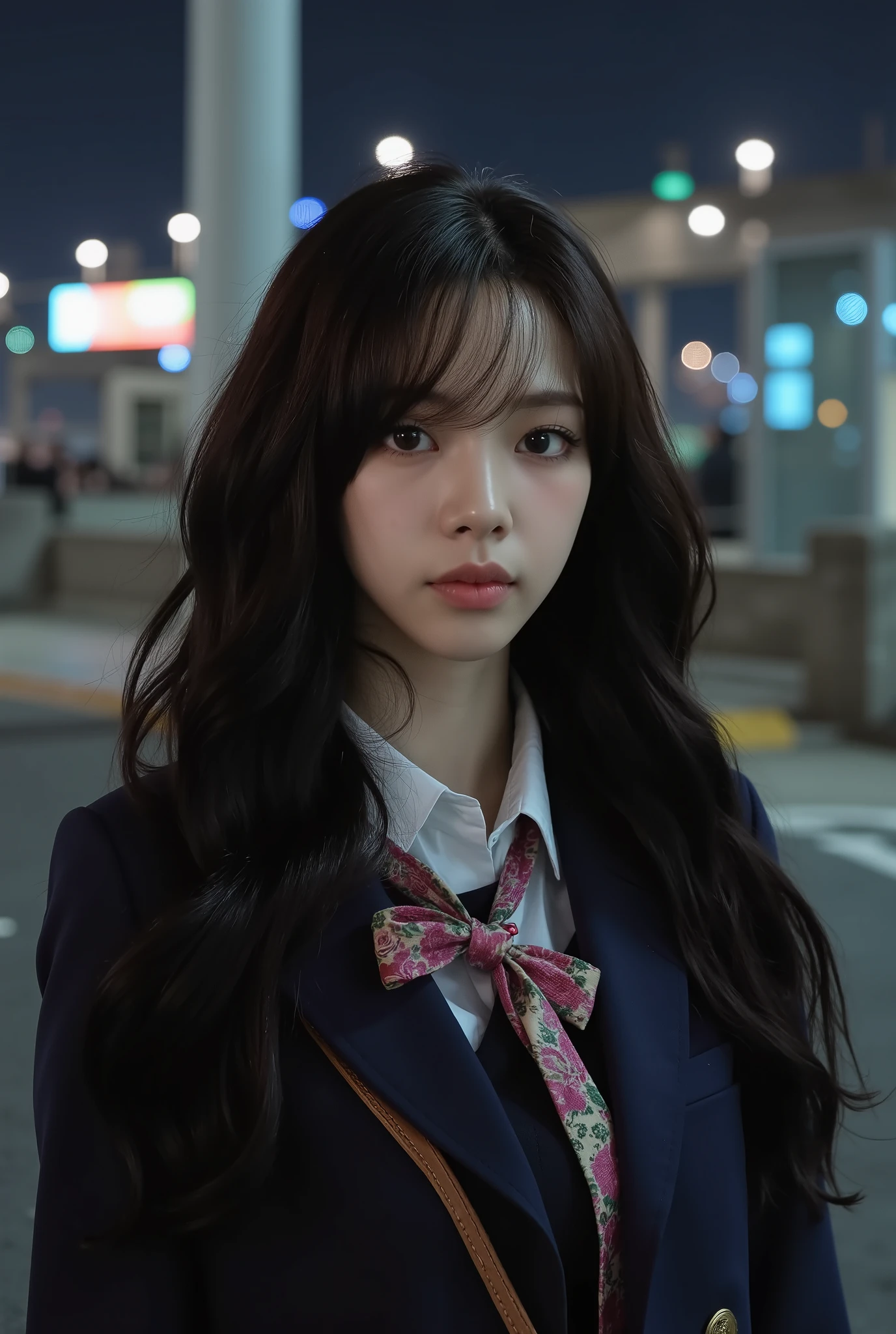 ((realistic lighting, better quality, 8 k, masterpiece: 1.3)), Sharp focus: 1.2, 1girl, perfect body, Beauty: 1.4, Thin press: 1.1, ((dark brown hair)), (is dressed as a schoolteacher: 1.4), (in school class 1.1), Night view of the city, Very thin face, Slender eyes , double eyelids,