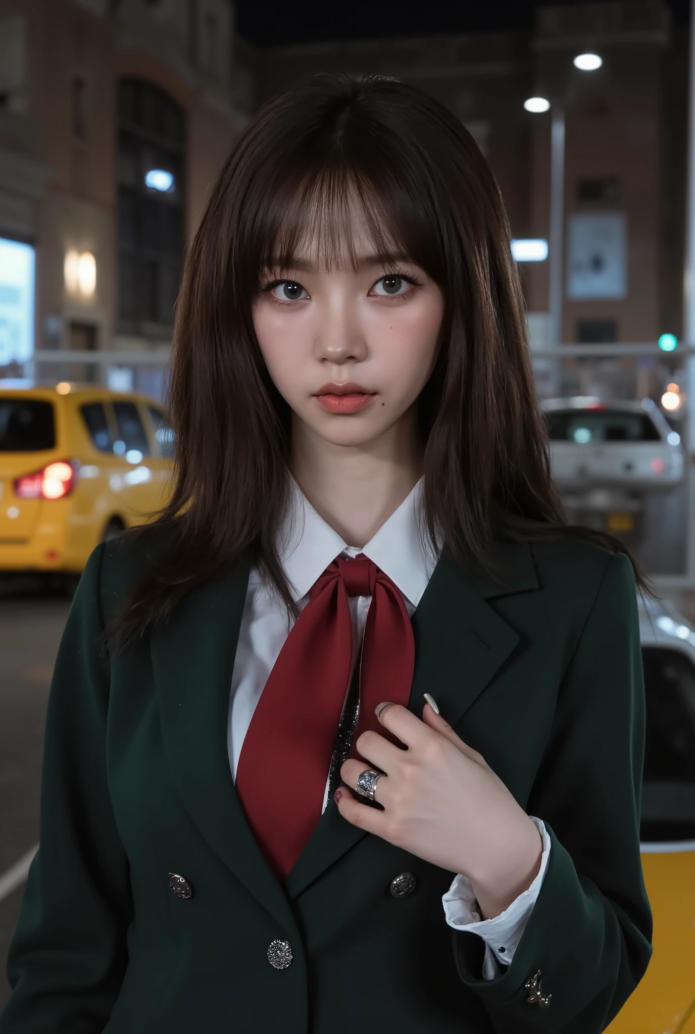 ((realistic lighting, better quality, 8 k, masterpiece: 1.3)), Sharp focus: 1.2, 1girl, perfect body, Beauty: 1.4, Thin press: 1.1, ((dark brown hair)), (is dressed as a schoolteacher: 1.4), (in school class 1.1), Night view of the city, Very thin face, Slender eyes , double eyelids,