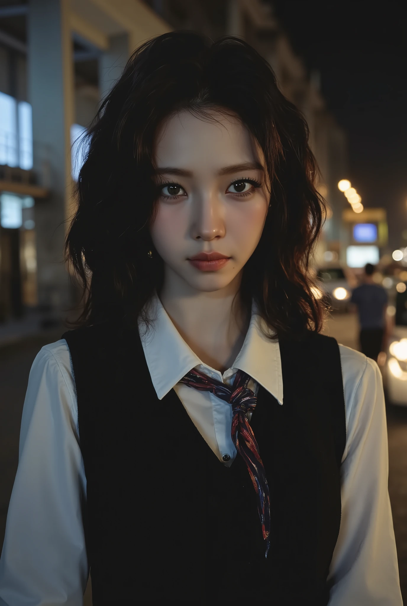 ((realistic lighting, better quality, 8 k, masterpiece: 1.3)), Sharp focus: 1.2, 1girl, perfect body, Beauty: 1.4, Thin press: 1.1, ((dark brown hair)), (is dressed as a schoolteacher: 1.4), (in school class 1.1), Night view of the city, Very thin face, Slender eyes , double eyelids,