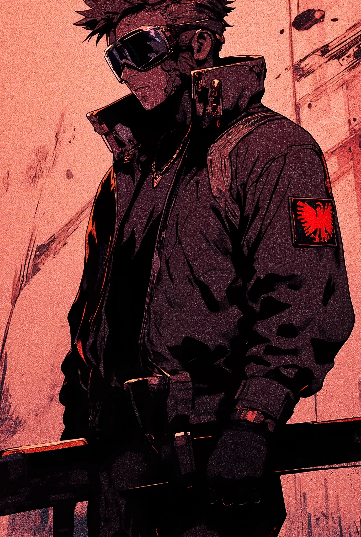 high quality, 8K Ultra HD, Anime, Comic, A young vigilante in his 20's, dark clothes, tactical gear, an open black tactical motorcycle jacket with a red Griffin patch on its right sleeve, black zipped up combat fleece underneath jacket, combat pants, black combat gloves , black tactical boots, eyes concealed by goggles, brown short hair, warrior cut, spiky and fluffy upward hair like Tyler Durden's, neutral expression