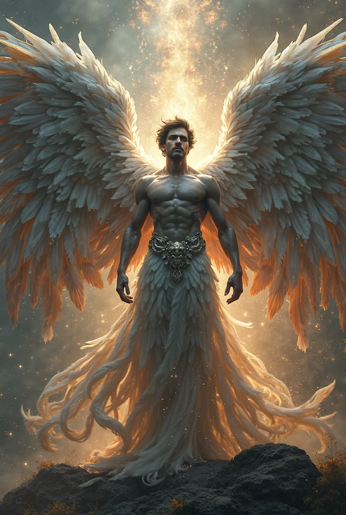 a male angel, with beams of light enveloping his body, his feathery wings are spread out, a golden (halo:1.2) over his head, muscular, beard, masculine, dark, horror, masterpiece, best quality, intricate detail, absurdres, DREAD, chromatic aberration, depth of field, soft lighting, tone mapped, highly detailed, concept art, smooth, sharp focus, dramatic lighting, highly detailed artwork, cinematic, 8K, incredible shadows, (highly detailed background:1.0)