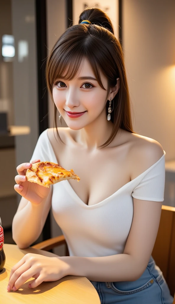 Extreme close-up of beautiful korean female, 34 inches breasts size, wearing t-shirt panda pattern, making pizza, at pizza booth, UHD