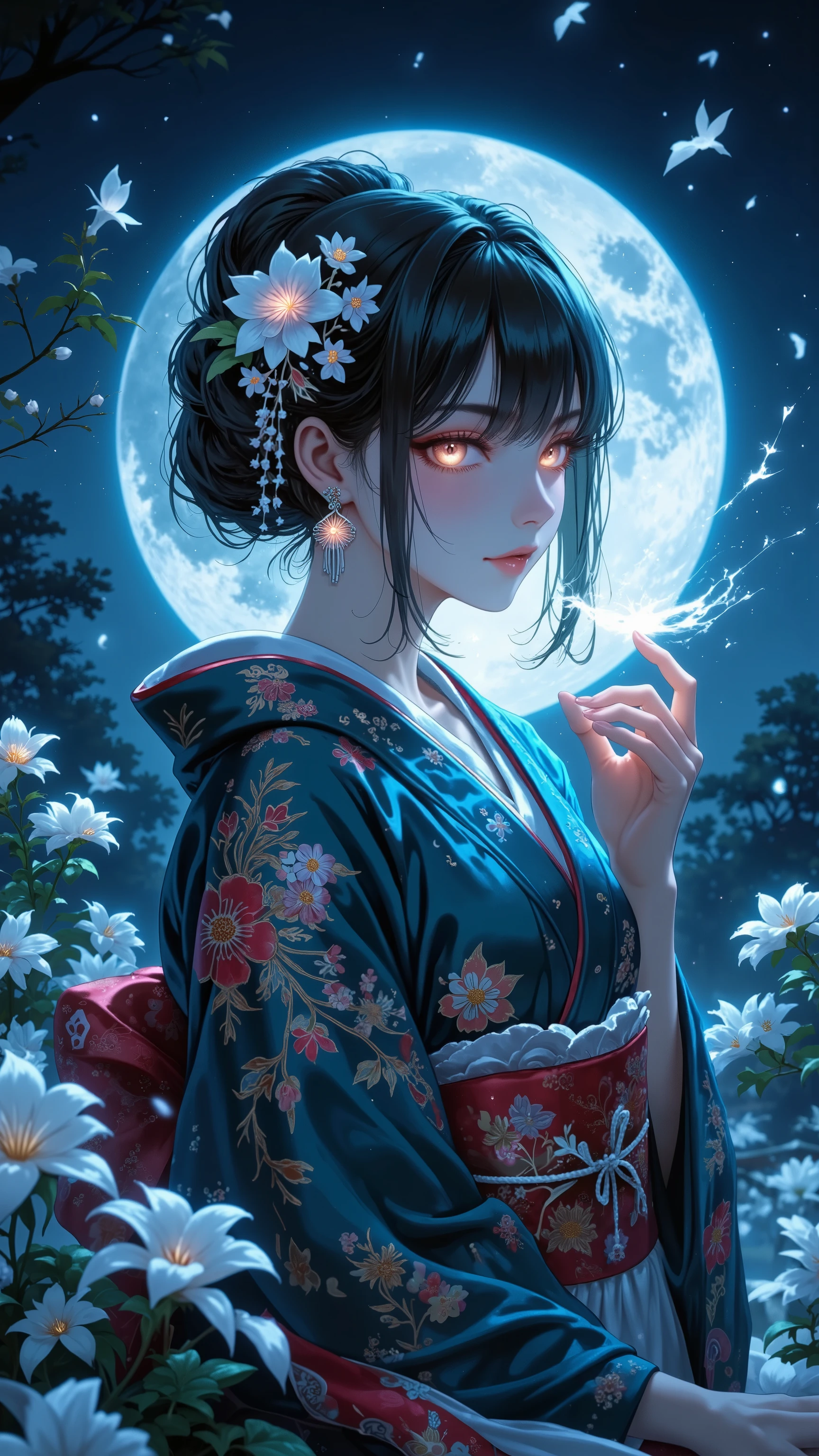 kimono, beauty in return, Illuminated by the light of the full moon , Mysteriously glowing eyes
