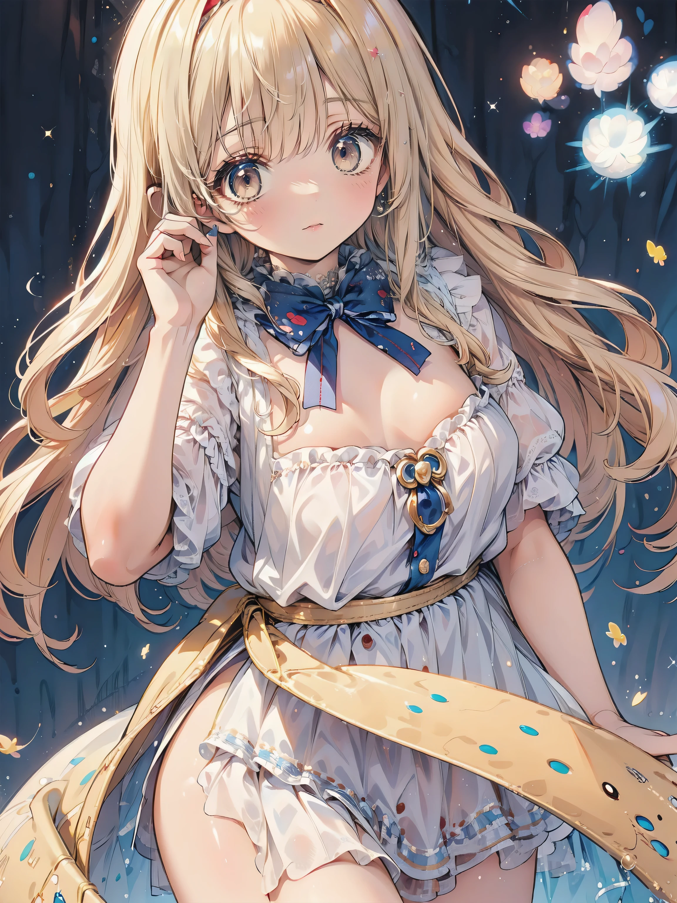 Dots are、明るいピンクの頬、she has golden blonde hair with wavy bangs.、she'dark-skinned girl, she is wearing a bright red headband with a ribbon on the right side of her head.. Dots are、she wears a shiny pastel blue and scarlet red dress with a small ribbon belt around her waist。, white collar, 4 crimson buttons, Bright red lining. sheのドレスの下には赤と淡いブルーのチュールスカートがある.. she also、Red top with white socks、she is wearing carnation pink high-top sneakers with bright red shoelaces, Shine; glitter, (NSFW:1.4), (1girl), (flat chest:1.1),