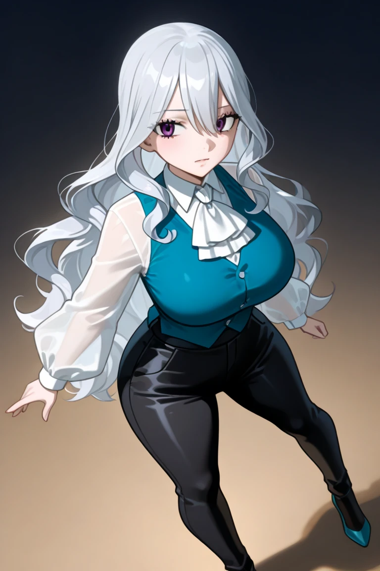 noi, nun, big breast,white boots, pants,cloak, musclegirl, standing,, smile, long hair, catedral, vest, portrait, full body, thick thighs, thick arms, wide hips,