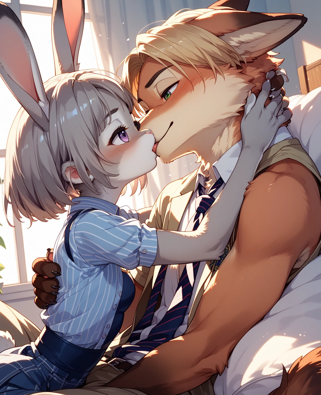 male, thin body, feminine, furry , anthro, bunny , young, femboy, torn clothing , science fiction , lewd face, blushing, clear clothing , kissing femboy , holding partner, groping, short messy hair, green eyes, in library,pinned to book case, super detail, masterpiece, super detail, high quality, high resolution, high detail