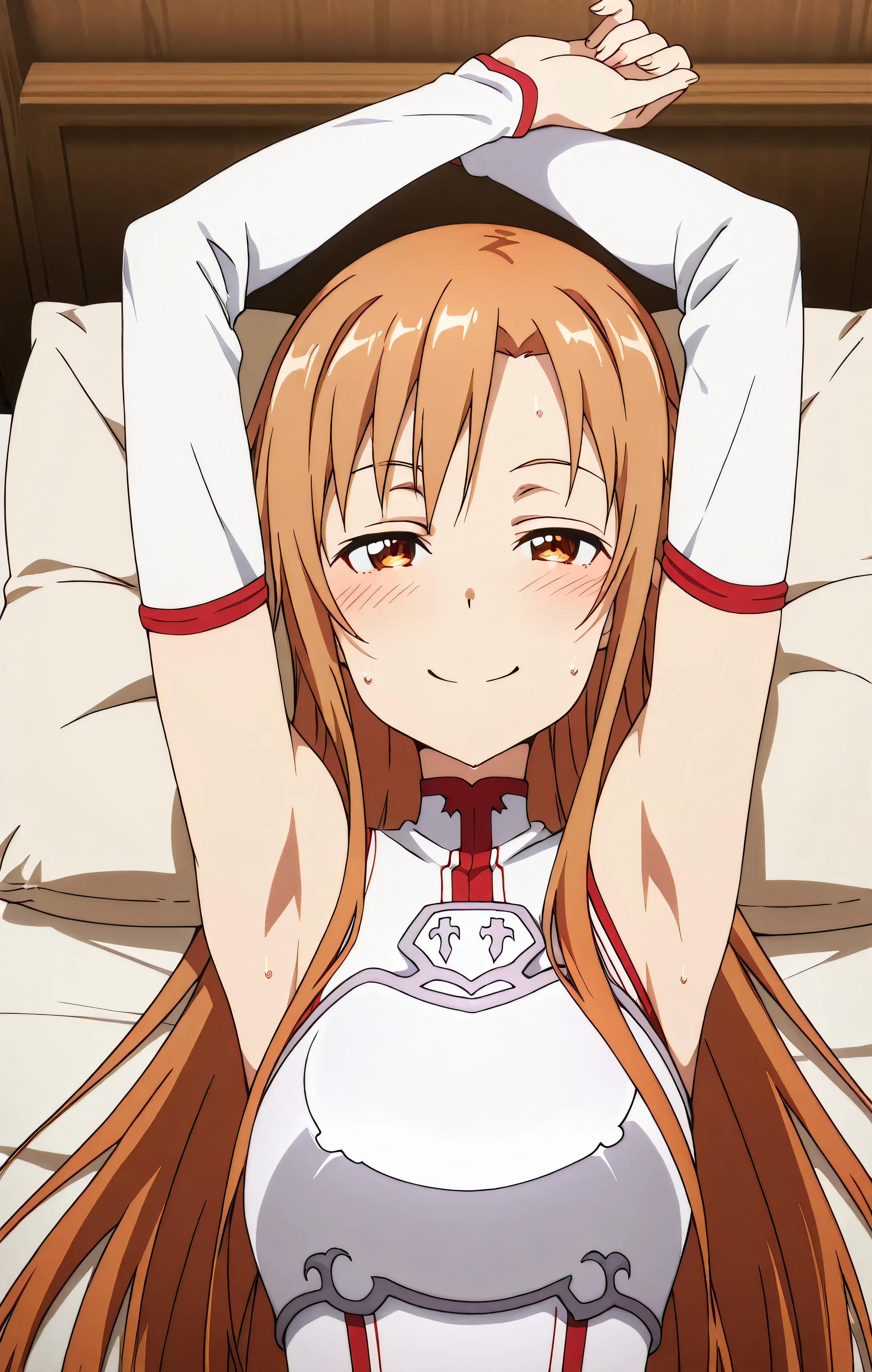 masterpiece, best quality, amazing quality, anime screencap, anime coloring, 1girl, solo, Yuuki Asuna, Yuuki Asuna SAO costume, White Armor, White breastplate, White isolated sleeve, (character), long hair, detached sleeves, bare shoulders, bare arms, arms up, raised arms, armpits, sweaty, head towards viewer, looking at viewer, smile, smug, grin, glint, closed mouth, curious stare, blush, (front light:1.1), indoors, laying on bed, white sheets, pillow, armpit shadow, sweat drops,