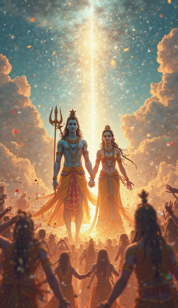Lord shiv and Parvati with trishul stand in mountains see a Star in sky and creat 🕉️in the sky in night full off dark