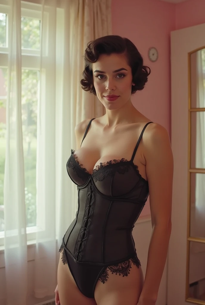 Masterpiece, (Morena Baccarin:Christina Hendricks:0.5), solo, looking at viewer, medium bob hair, brown hair, hazel green eyes, standing, lips, realistic, wearing white shorts and black lace corset, window background, large cleavage