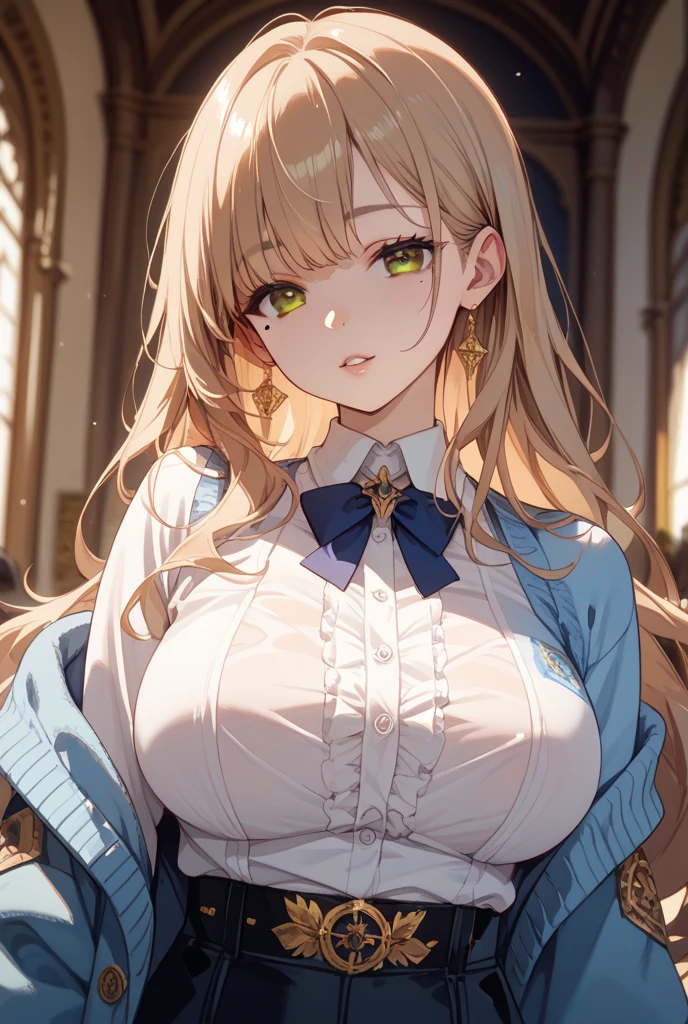 debris flies, highest quality, Highly detailed CG Unity 8K wallpaper, sexy witch , long dark blonde wavy hair、off shoulder knit, dark blue pleated skirt, stockings、medium breasts, saggy breasts, Pose that emphasizes the chest, blush, shy smile, bare shoulders, (pink lace panties、pink good、open your legs wide)、、nice magic book、Cathedral of the Church、Put your hand on the pillar and turn around、stick out your butt、、