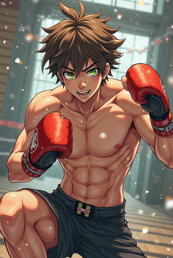 boy, , cute, Under 10 years old, whole body, redhead, short hair, (expression of agony), muscular, black skin, (Topless), (nipple), (red shorts), (barefoot), (finding), (spit blood from the mouth), (professional wrestling ring), (audience), (high resolution), (High precision)