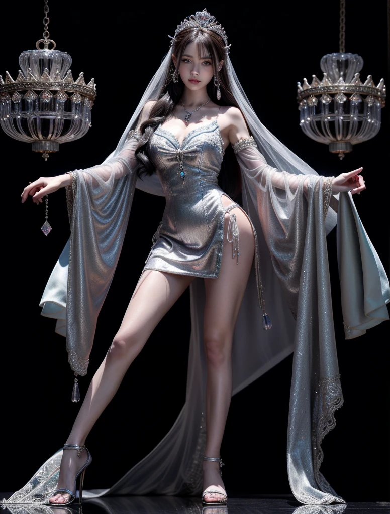 A girl in ancient costume holds a white jade ball,crystal-clear,The girl shows her abdomen,Barefoot。Full body standing image。Draped in a white veil, it is delicately depicted,Studio lighting effect,Fade transparency hierarchy,Strong texture,Ultra-clear rendering fine resolution,16K highest quality。Transparent texture。Creamy skin