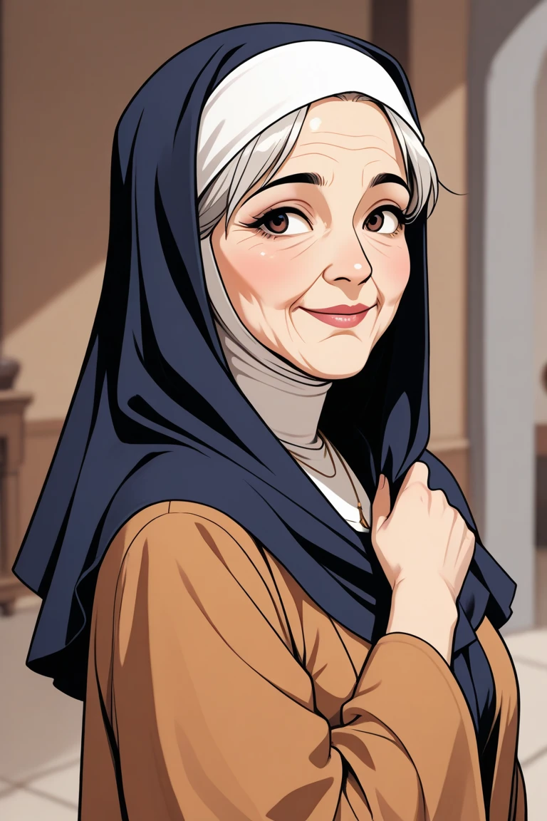 a very old Arabic woman in her humble abode. The lady is draped in a blue hijab, her face expressing profound sadness as she gazes through open windows to the outside world. The interior of the Arabic house is simple, nightn adorned with modest decor and traditional elements.