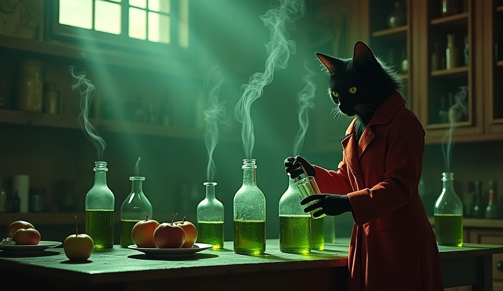 a photo of two cats side by side, black cat, orange cat, clutter, trash, garage, glass bottle, green goo, electronics, charger, 18650, glass jar, red liquid, axe, log, debris, coffee beans, backlit, low key