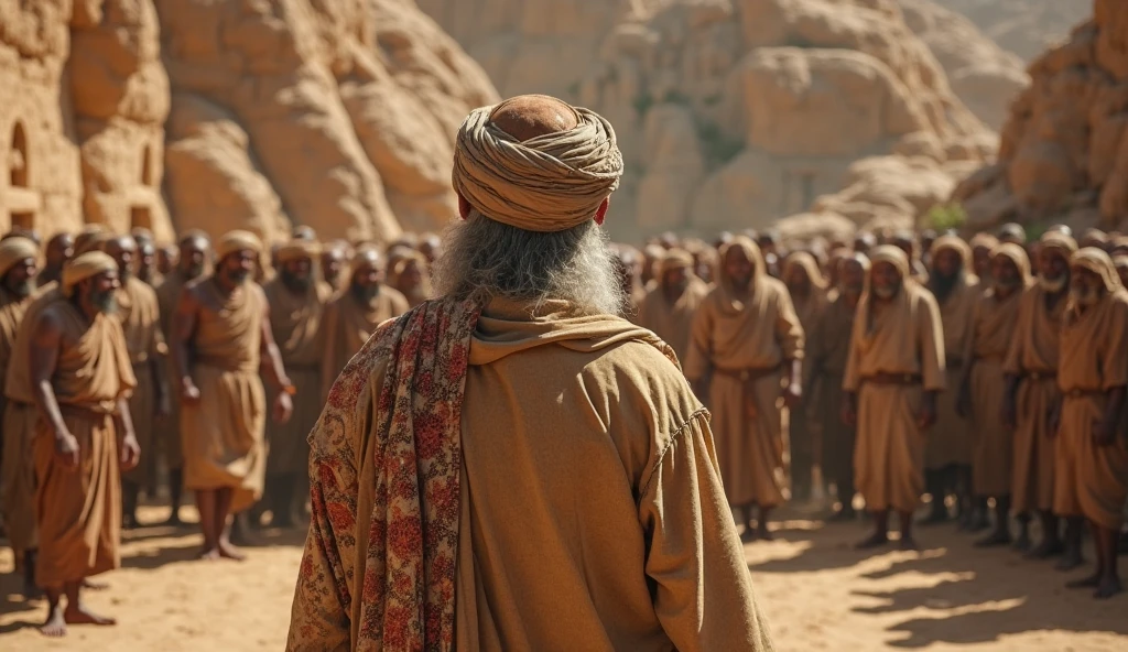 Cinematic shot of a prophet with a long white beard standing in the city of Medina. He wears a white dress, white turban, showing his back. He is giving advice to ancient people. People are wearing beige and brown clothes. They are standing on the ground. Reveal in a desert medina city.