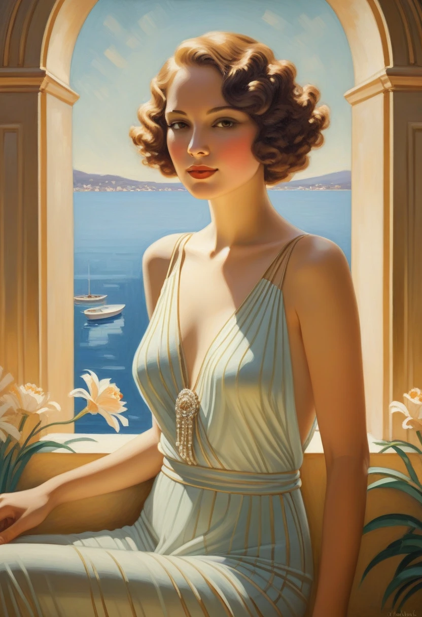 dining at maureen, translucent, luminescent, beautiful, lovely, a cosmic harmony, sundress, a highly detailed digital painting, a close portrait 20 yo girl in the style of Frank McCarthy, George Barbier, detailed face, eastern delicious delight food, masterpiece artwork in van Gogh's style, Ludwig Bemelmans, ultra hd, sharp edge, line and shape, hyperrealistic drawing