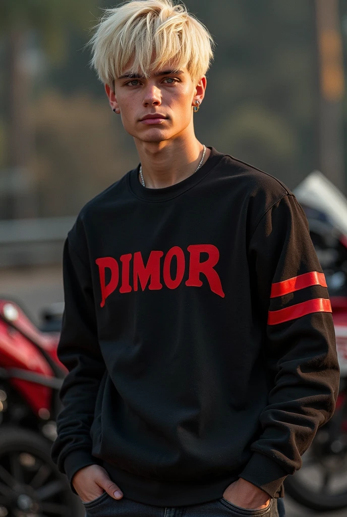 Boy Platinum blonde , side part ,short hair , red lettering in a black Dimor sweatshirt , background in black cargo with red stripes, ,side lip piercing, strict view ,
photorealistic, high quality, sneakers detail, professional, bright colors, warm lighting, Track , dark atmosphere , digital rendering , sharp detail , 24 k , motorcycle in the background , track ,