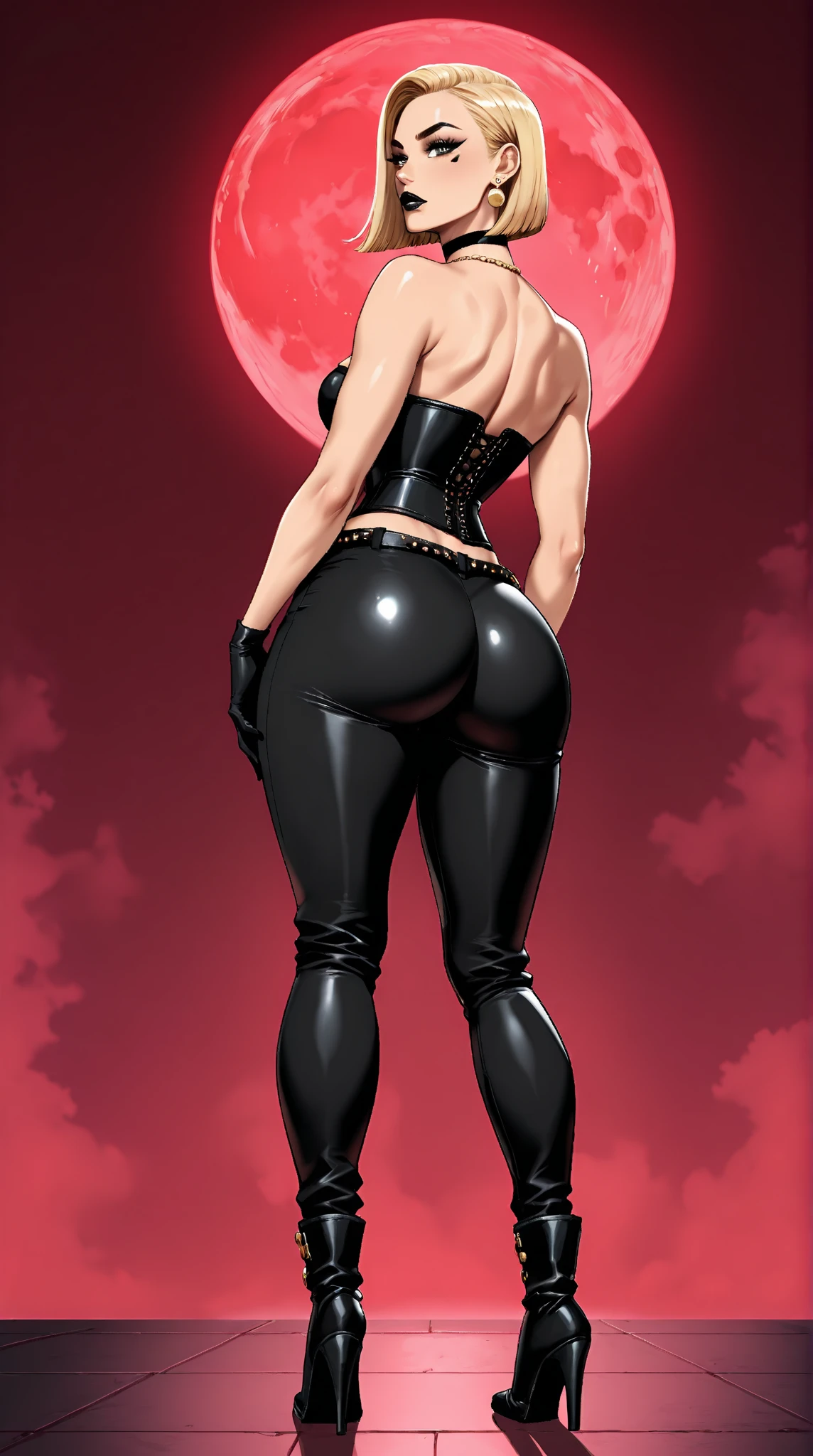 ((Goth girl)) with ((giant fat booty)) and ((pear bottom)), black lips, dressed in ((tight clothes)), stylized in 80s anime ((dark tones)) and ((back lit)) by the glorious ((Studio Ghibli)) in a ((dark lighting)) on a ((black background)).