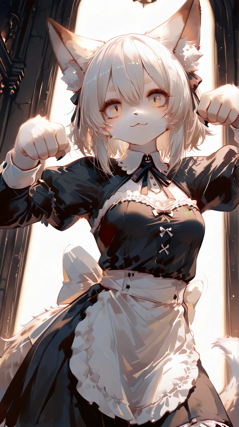 score_9, score_8_up, score_7_up, score_6_up, score_5_up, score_4_up, BREAK source_anime, 1girl, clothed, saber alter, indoors, potted plant, window, sunlight, by kasumi \(skchkko\), looking at viewer, serious, dutch angle, maid uniform, braid, double middle finger
