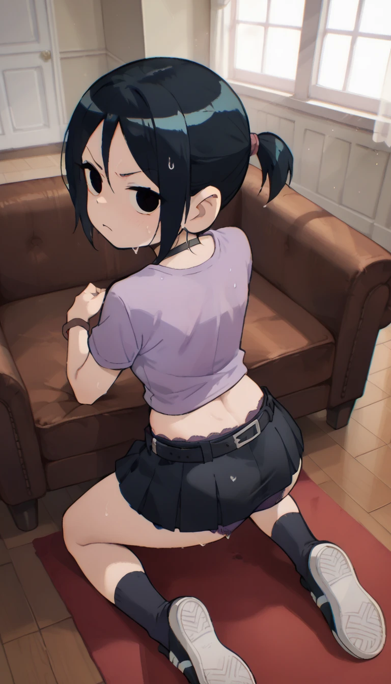 cute girl, pig tails hair, black hair, mini laced crop top off shoulder,laced small crop top, perky round ass side view, sucking mans cock, sex slave, on knees, small waist, arching back