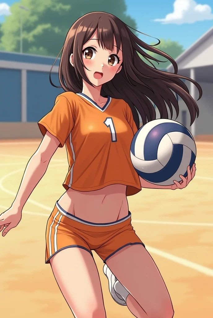 unity 8k wallpaper, anatomically correct, (((masterpiece))), (((best quality))), (((ultra detailed))), (((high-resolution))), ((super fine illustration)), ((Ultimate cutie)), ((detailed beautiful face)), ((perfect hands)), ((perfect finger)), (((good anatomy))), Solo, One girl, 17 years old, (potbelly), (Curve), medium breasts, ((thick thighs)), Shiny hair, ((smile)), smug face, (blush)), BREAK, Adidas, (((Buruma))), (Sleeveless collared Volleyball Uniforms), head band, (elbow sleeve), ((Kneepads)), BREAK, (((Hold a beautiful spherical 6-inch white volleyball with both hands))), ((Sweat)), (perspired), (Heavy breathing), in gymnasium, in volleyball court, depth of field, strong light, ((Looking at viewers)), cowboy shot