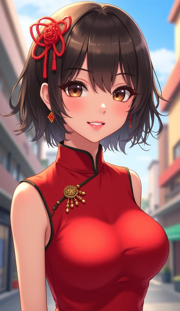 Mature women,Black long hair,Hair up,Red cheongsam,Cleavage,Bare shoulders,Extremely detailed,high resolution,Simple background,Outside Chinatown,Large Breasts,Smile