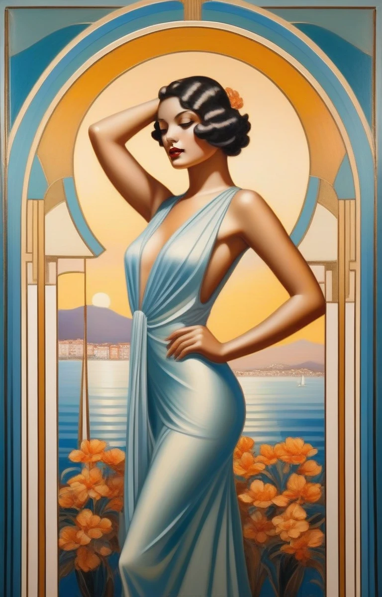 (masterpiece oil painting), 1 young slender girl, заmountainsает на солнце (in a chic hat:1.4), high waist bikini, nude, no panties, she is thin and slender,  face profile, ethereal and beautiful Hugo Boss model from the 1940s.., Beautiful painting with a very detailed face by Alphonse Mucha.., Craig Mullins, Greg Rutkowski, Magali Villanueva, (The most beautiful picture), the whole body is visible from the knees and above, sexy (outside: your back to me, elastic butt:1.5), ideal body shape, caved in, (view from below from the floor:1.3), on the balcony against the backdrop of the beautiful seashore, mountains